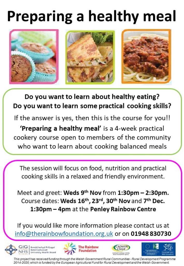 Preparing a Healthy Meal is a FREE four-week cookery course for people who would like to learn more about healthy eating. Call 01948 830730 to find out more and book a place.